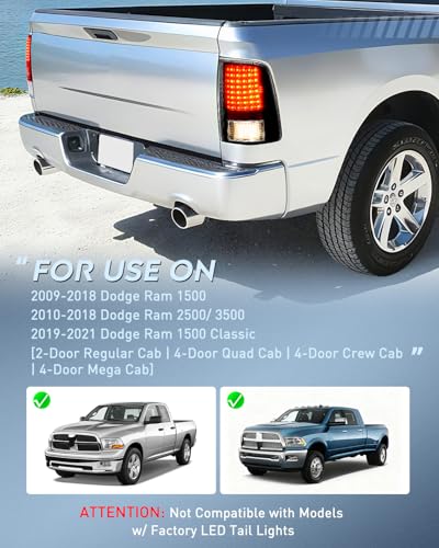 Nilight Taillight Assembly for 2009-2014 2015 2016 2017 2018 Dodge Ram - color: LED Black