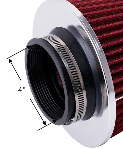 4In 102mm Washable Dry Clamp-On Cone Air Filter, Red - size: 4"