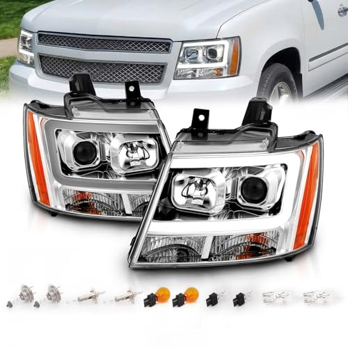 AmeriLite for 2007-2013 Chevy Avalanche Suburban Tahoe SUV Super Bright LED Bar Projector Chrome Replacement Headlights Pair - Left and Right Side - color: Chrome LED Bar