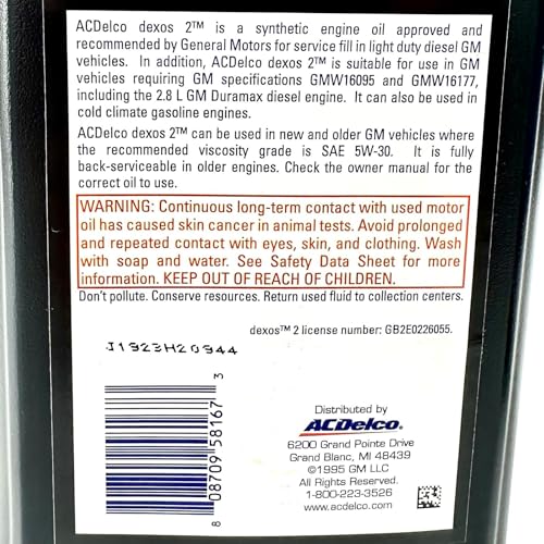 ACDelco 10-9129 19354306 dexos2 Full Synthetic 5W-30 Motor Oil - For 2016-2022 2.8L Duramax | Case of 12 Quarts