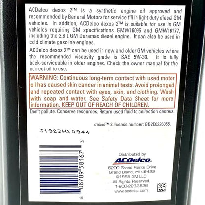 ACDelco 10-9129 19354306 dexos2 Full Synthetic 5W-30 Motor Oil - For 2016-2022 2.8L Duramax | Case of 12 Quarts
