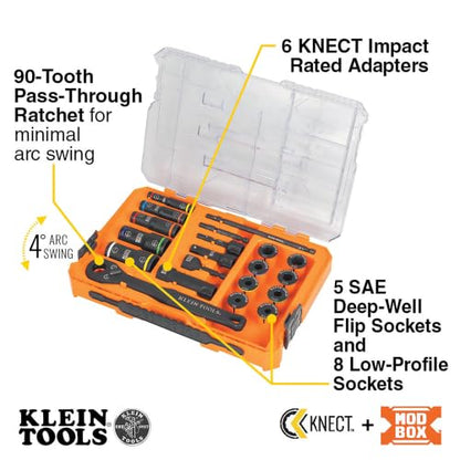 Klein Tools 65240 KNECT Impact Deep-Well Flip Socket and Low-Profile Pass Through Socket Set, SAE, 20-Piece, MODbox Case, 1/4-Inch and 3/8-Inch Drive - style: 20-Piece