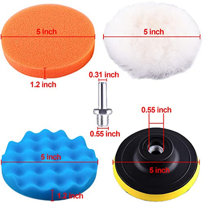 SIQUK 9 Pieces 5 Inch Buffing Pads Kit Foam Buffer Polisher Pads 5 Inch Hook and Loop Polishing Pads Buffer Attachment for Drill - size: 5 Inch