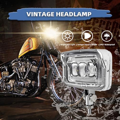 Motorcycle LED Headlight Upgraded Square Front Light With Visor Trim 6.5" x 3.5", Retro High Low Beam Headlamp Bottom Mount Universal Fit Chopper Bobber Cafe Racer Harley Sporsters - Chrome - size: HL-1125-CH