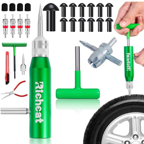 Richcat Tubeless Tire Puncture Repair Kit with Mushroom Plug, Repairs punctures and Flat Tires for Motorcycles, Cars, Trucks, ATVs and Tractors