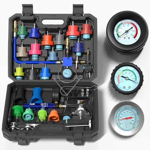 KJE 33PCS Coolant Pressure Tester Kit, Radiator Pressure Tester Kit with 23 Radiator Adapters, and Coolant Vacuum Refill Kit for Automotive Cooling System Water Tank Leakage Detection