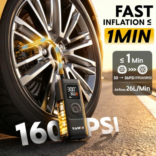 Smart Heavy Duty Tire Inflator, Auto Shut-Off at Target PSI, Portable Air Compressor, 160PSI Fast Air Pump Cordless Rechargeable & 12V DC Power, Pressure Gauge for Cars, Bikes, Motorcycles and Balls