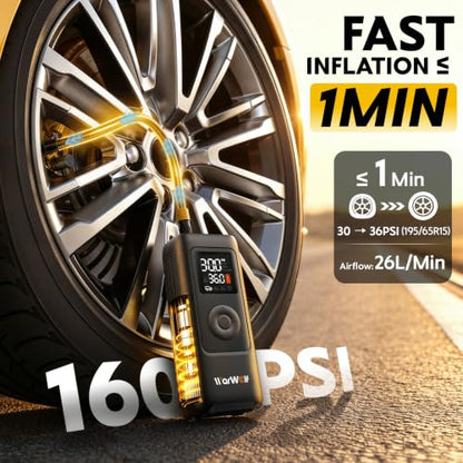 Smart Heavy Duty Tire Inflator, Auto Shut-Off at Target PSI, Portable Air Compressor, 160PSI Fast Air Pump Cordless Rechargeable & 12V DC Power, Pressure Gauge for Cars, Bikes, Motorcycles and Balls