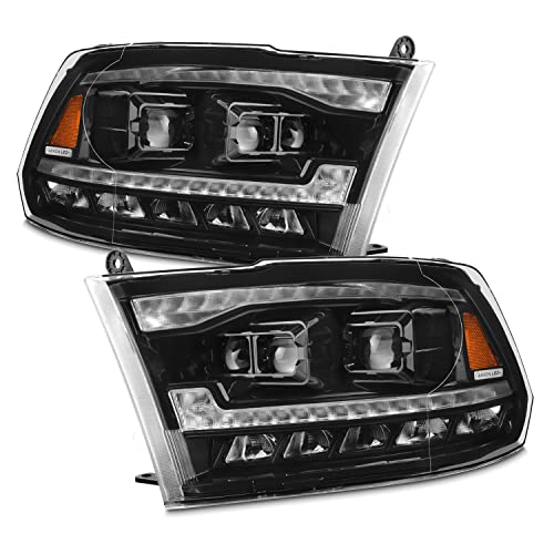 AKKON - [FULL LED High/Low For 09-18 Dodge Ram 1500 2500 3500 Triple Projector Black Headlights w/Sequential Turn Signal - color: Triple Projector Black Housings