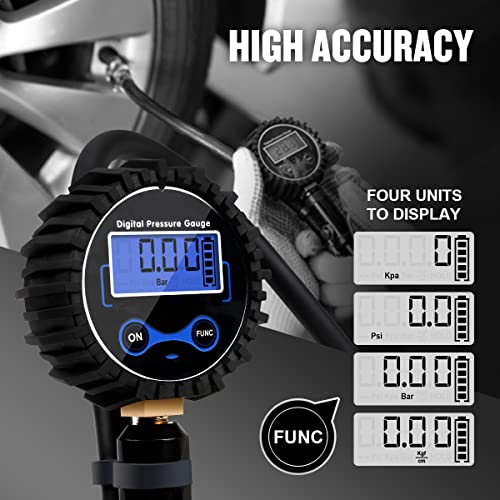 DNA Motoring Digital Tire Inflator 2.5" Pressure Gauge, 200 PSI Air Chuck, Compressor Accessories Heavy Duty, w/ 18in Rubber Tube & Quick Connect Coupler, TOOLS-00084