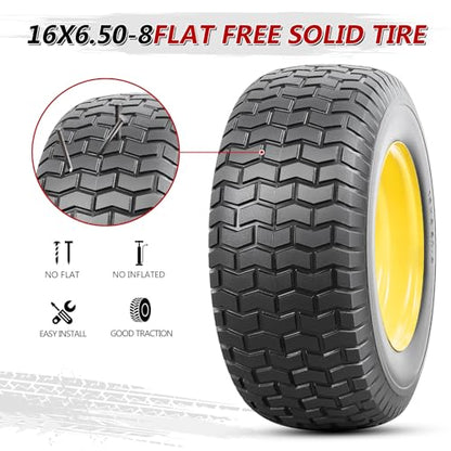 2PCS 16x6.50-8 Lawn Mower Flat Free Tire and Wheel, 16" Solid Tires