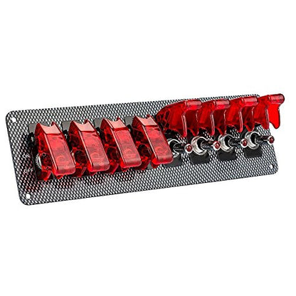 8 LED Racing Car Toggle Switch Panel 12V DC, Carbon Fiber Coated Aluminum Plate, Safety Cover Protection, Suitable for car, Truck, Ship Modification (8 Red Switches) - color: Red