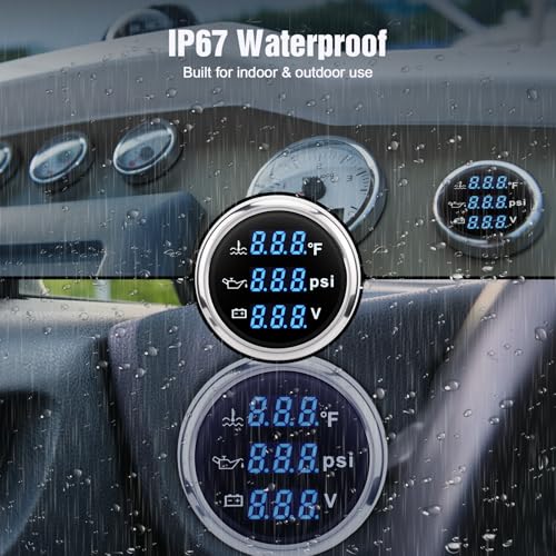 Triple Gauge Set 3in1,Water Temp (104°F-248°F), Oil Pressure (0-145PSI), Voltmeter (9-32V), AUTO Gauge with Digital Display Alarms for Cars Trucks Boats (Blue) - color: Blue
