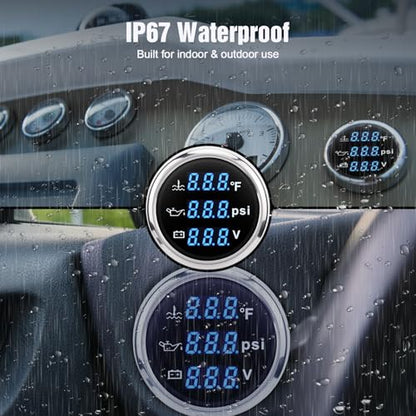 Triple Gauge Set 3in1,Water Temp (104°F-248°F), Oil Pressure (0-145PSI), Voltmeter (9-32V), AUTO Gauge with Digital Display Alarms for Cars Trucks Boats (Blue) - color: Blue