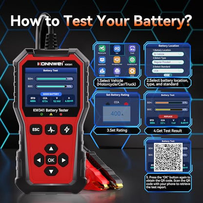 KONNWEI KW341 6V 12V 24V Automotive Battery Tester, Car Battery Load Tester - size: 7.68*3.74*2.17 inch