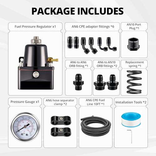 EVIL ENERGY EFI Fuel Pressure Regulator Kit Adjustable (20-120PSI) with Gauge 6AN CPE Fuel Line Hose Fitting Connectors Kit Universal Aluminum (black)