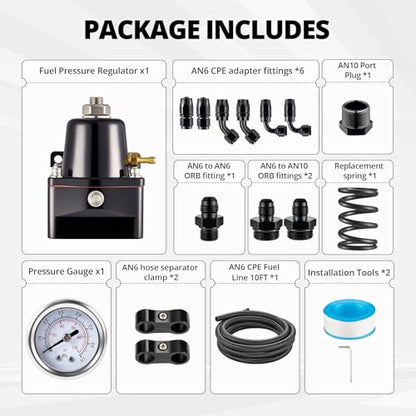 EVIL ENERGY EFI Fuel Pressure Regulator Kit Adjustable (20-120PSI) with Gauge 6AN CPE Fuel Line Hose Fitting Connectors Kit Universal Aluminum (black)
