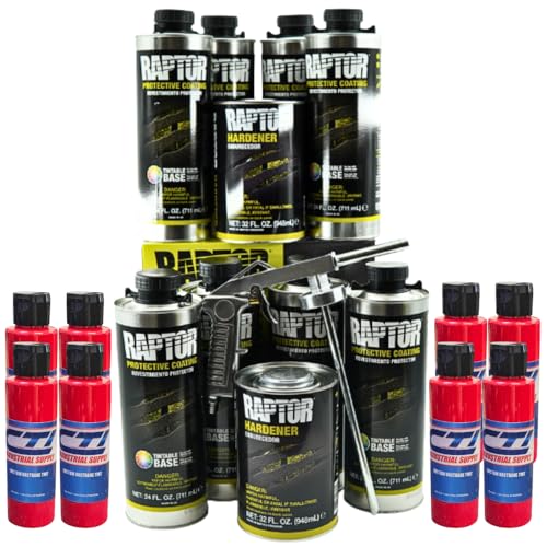 Raptor Truck Bed Liner Kit with Colored Hot Rod Red Tint and Spray Gun - 8 Liters - Protective Spray On Paint for Coating Trucks, Tailgates, Vehicle Undercoating - Tintable Bedliner Formula