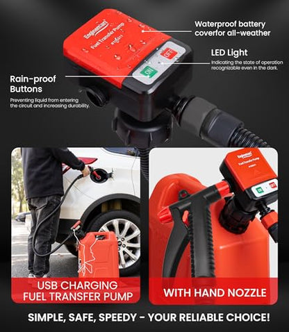 3.2GPM Battery Powered USB Charging Fuel Transfer Pump with Hand Shut Off Nozzle, 51" Long Hose, 4 Adapters, Portable Gas Pump Ideal For Gasoline, Diesel, Kerosene Transfer - color: Black Red