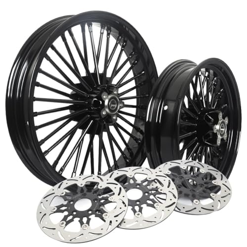 TOFR 21x3.5 16x3.5 Fat Spoke Black Wheels For Harley Touring Baggers 00-07 - color: Black Wheels + Floating Rotors, size: Front:21x3.5 Rear:16x3.5