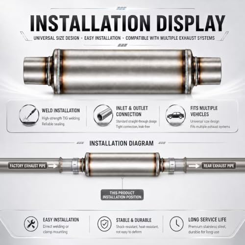 3 inch Inlet and Outlet stainless steel straight-Through Perforated Core Universal Performance Muffler,Fit for All Cars and Trucks - Deep Low Exhaust Tone - size: 3in