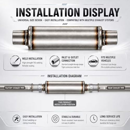 3 inch Inlet and Outlet stainless steel straight-Through Perforated Core Universal Performance Muffler,Fit for All Cars and Trucks - Deep Low Exhaust Tone - size: 3in