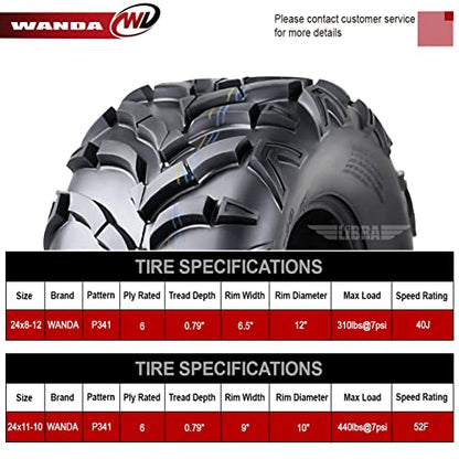 WANDA Set 4 New ATV Tires 24x8-12 Front & 24x11-10 Rear /6PR -10151/10245 - size: 24X8-12&24X11-10