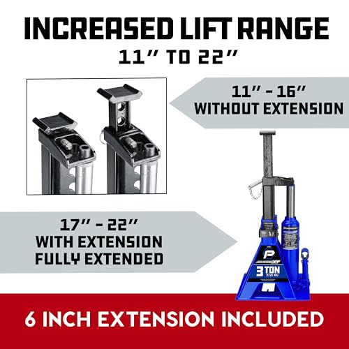 POWERBUILT 3 Ton All-in-One Hydraulic Bottle Jack and Jackstand in One, Compact, Wide Base, 11-21 Inch Range, Eliminates Jackstands, for Trucks, SUVs, RVs, Trailers, ASME, Not for Sedans - 640912 - color: blue