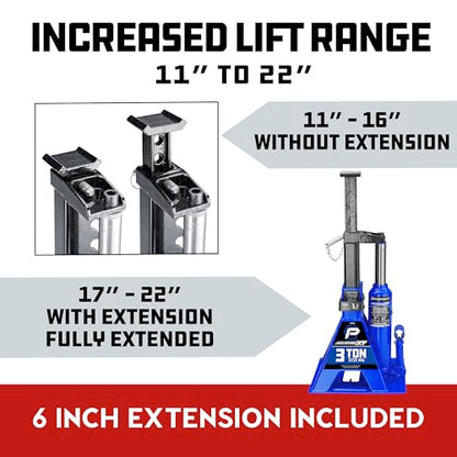 POWERBUILT 3 Ton All-in-One Hydraulic Bottle Jack and Jackstand in One, Compact, Wide Base, 11-21 Inch Range, Eliminates Jackstands, for Trucks, SUVs, RVs, Trailers, ASME, Not for Sedans - 640912 - color: blue