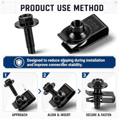 100PCS Automotive Body Bolt & U Nut Kit, M6-1.0 Hex Head Screws with Extruded U-Nuts Clips, Fender Liner, Splash Shield, Engine Under Cover, Bumper & Hood Fastener Assortment (50 Sets) - color: Black M6 x 1.0