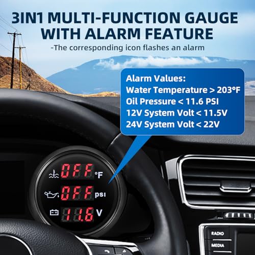 MH Triple Gauge Set - Water Temp (104°F-248°F), Oil Pressure (0-145PSI), Voltmeter (9-32V), AUTO Gauge with Sensors 2" 52mm 3-in-1 Boat Marine Meter Kit (Black) - color: Black