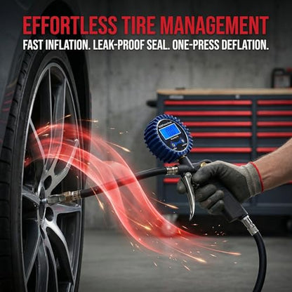 Digital Tire Pressure Gauge with Inflator 3-250 PSI, Heavy Duty Kit