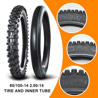 HOLATO Front 60/100-14 2.50-14 Tire and Inner Tube for 110cc 125cc CRF70 CRF110 XR70 KLX110 TTR90 PW80 RM60 RM65 TaoTao DB14 SSR Apollo Coolster Dirt Pit Bike Motorcycle Off Road Motocross Heavy Duty - size: 60/100-14 Tire