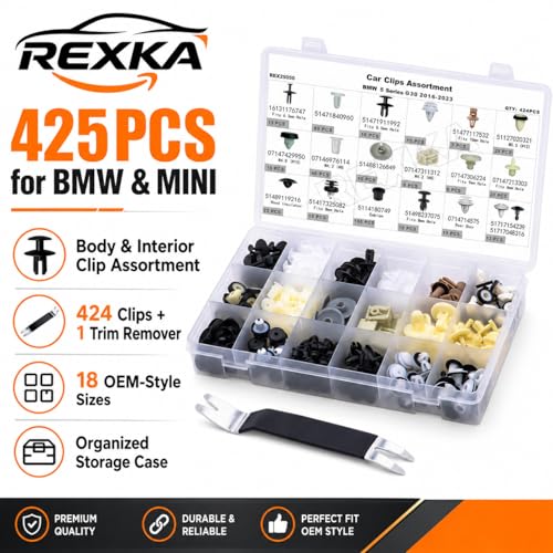 Rexka 425pcs for BMW & Mini Body & Interior Clip Assortment - Fender Liners, Headliners, Wheel Well Trim,Door Sill & Pillar, Body, Trim Clips - G30 5 Series - Push Rivets & Expanding Nuts - color: 425pcs