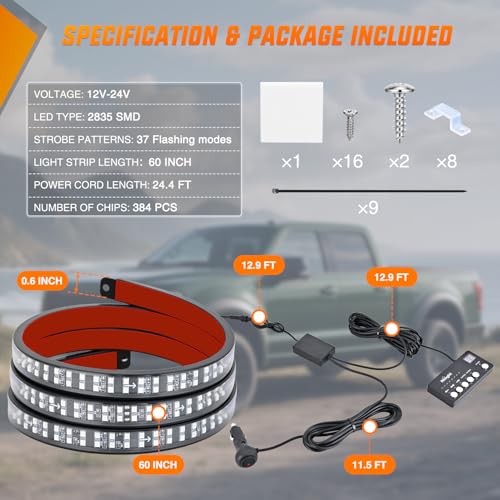 Nilight 60 Inch Emergency Strobe Light Strips with Controller Red Blue - color: 60" Tailgate Strobe w/ Controller Red/Blue