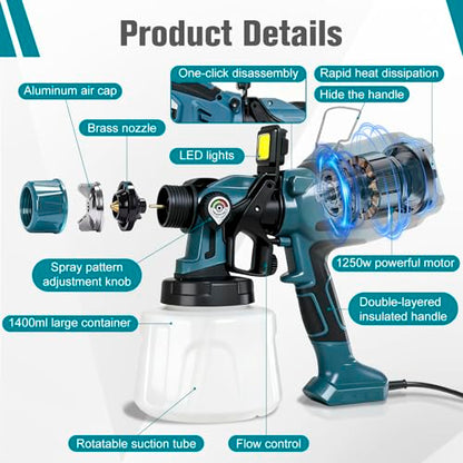 Paint Sprayer, 1250W Electric Paint Sprayer 6 Copper Nozzles 3 Patterns 47oz (1400ml) Large Capacity with LED Easy to Clean, Paint Sprayer for House Painting Furniture Walls Fence Cabinets DIY