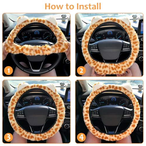Accmor Fuzzy Leopard Print Car Steering Wheel Cover Women Car Accessories - color: Style B/Orange Leopard, Ear