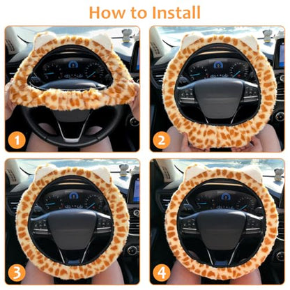 Accmor Fuzzy Leopard Print Car Steering Wheel Cover Women Car Accessories - color: Style B/Orange Leopard, Ear