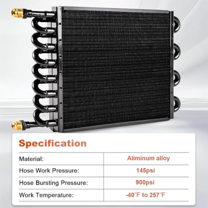 BARTOO 1/2" Transmission Cooler, Aluminium alloy 16 Pass Tube and Fin Universal Oil Cooler Kit Air Compressor Aftercooler (Black) - color: Black, size: 16 Pass