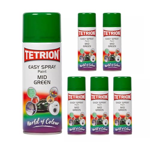 Tetrion Easy Spray Paint – Mid Green 400ml (Pack of 6) - All-Purpose Fast Drying Acrylic Spray for Wood, Metal, Plastic, Ceramic & More, Smooth Base Coat - Indoor & Outdoor Use, 13.5 Oz - color: Green - Mid, size: 13.53 Ounce (Pack of 6)