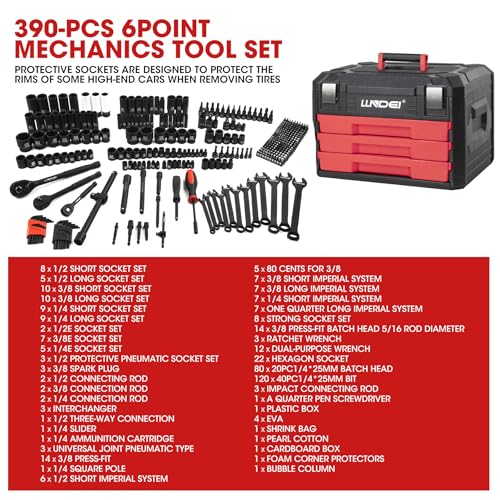 LLNDEI 390Pcs Mechanics Tool Set and Drive Deep Socket Set, 1/4" 3/8" 1/2" - size: Full Size