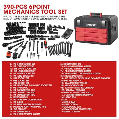 LLNDEI 390Pcs Mechanics Tool Set and Drive Deep Socket Set, 1/4" 3/8" 1/2" - size: Full Size