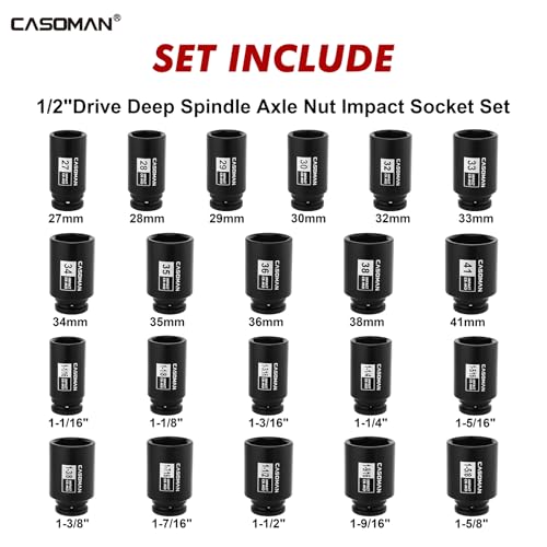 CASOMAN 1/2” Drive Deep Big Impact Socket Set, 21 - Piece Large Spindle Axle Nut Impact Wrench Socket Set, 6 Point, CR-MO, Metric & SAE, 27mm - 41mm, 1-1/16" - 1-5/8"