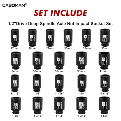 CASOMAN 1/2” Drive Deep Big Impact Socket Set, 21 - Piece Large Spindle Axle Nut Impact Wrench Socket Set, 6 Point, CR-MO, Metric & SAE, 27mm - 41mm, 1-1/16" - 1-5/8"