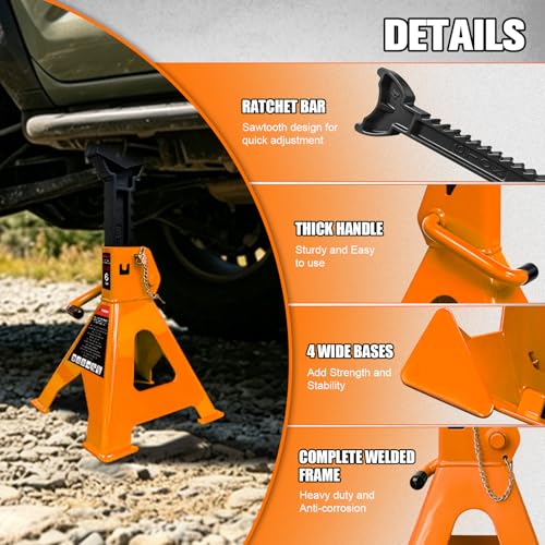 YATOINTO 6 Ton Jack Stands Heavy Duty 13,200 LBS Car Jack Stand for Trucks with Double Pin Locking & Extra Rubber Pads, 15.6"-23.4" Adjustable for Garage, Home, DIY, 1 Pair High Visibility Orange