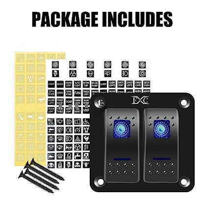 FXC Pre-Wired 2 Gang Rocker Switch Aluminum Panel with 40A Inline Fuse, Waterproof 6-Pin On-Off Car Boat Switch, Blue LED Switch Panel for Marine Boat Automotive RV Truck ATV Vehicles 12V/24V - style: 2 Gang