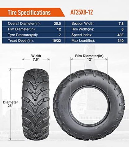 HALBERD 6PR ATV/UTV Tires, 25x8-12 All Terrain 15mm Tread Depth 25x8x12 Trail Sand Off-Road Tires, Set of 2