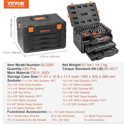 VEVOR Mechanics Tool Set and Socket Set, 1/4" 3/8" 1/2" Drive, 450 PCS - size: 450-PCS