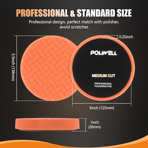 POLIWELL Buffing Polishing Pads 5 Inch, 7Pcs Buffing Sponge Pads Kit 5.5" Face for 5" Backing Plate, Compound Cutting Foam Pads, Wool Pad for Car Buffer Polisher, Compounding Polishing and Waxing - size: 5 Inch