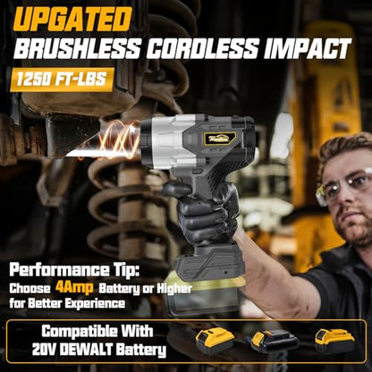Cordless 1/2" Impact Wrench Compatibe with Dewalt 20V Battery, 1250Ft-lbs(1700N.M) High Torque Impact Gun Heavy Duty, Brushless Electric Power Impact Driver with 4 Sockets&4 Speeds&LED Work Light - size: 1/2" 1700NM Compatibe with Dewalt